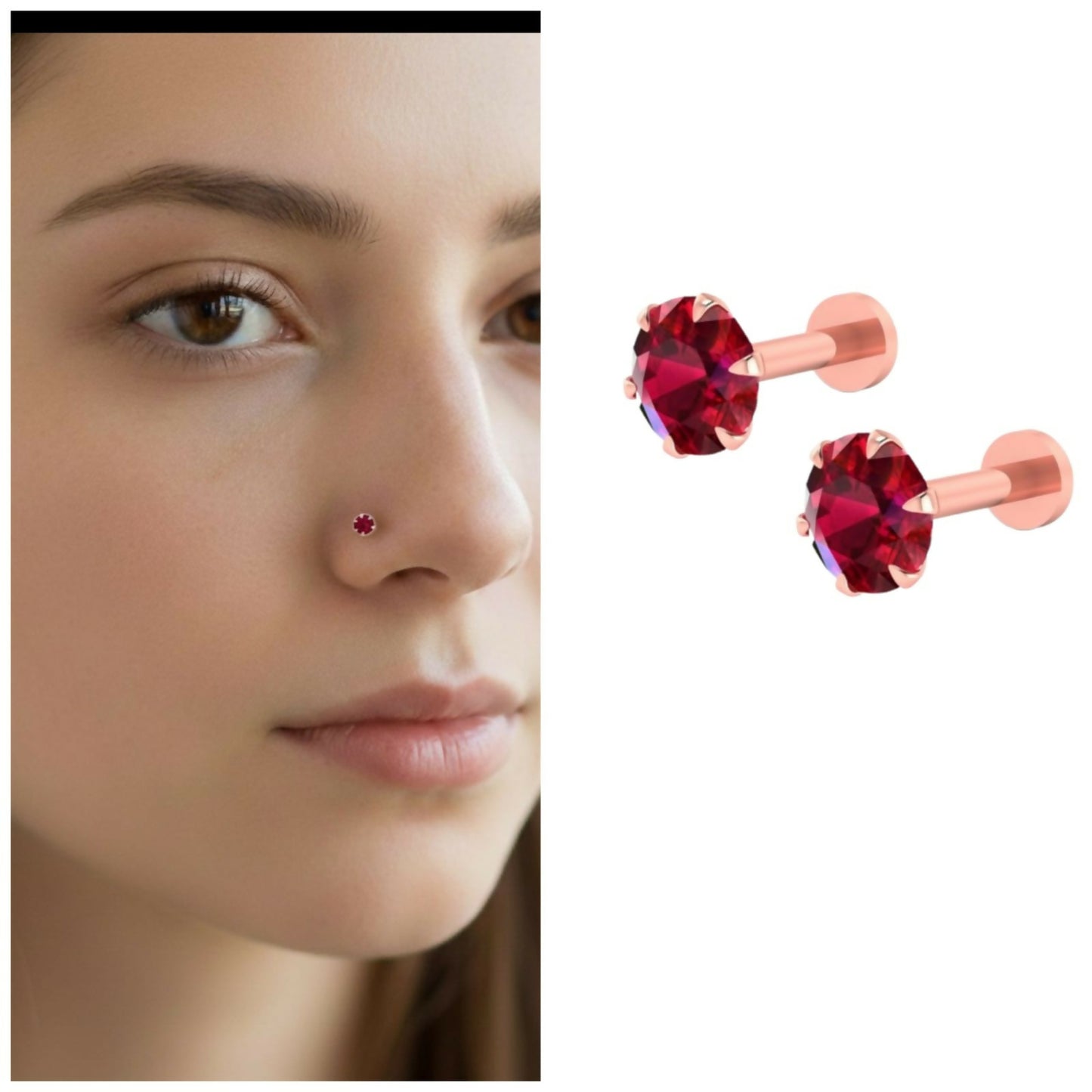 Rose gold plated nosepin studs with vibrant ruby red cubic zirconia stones