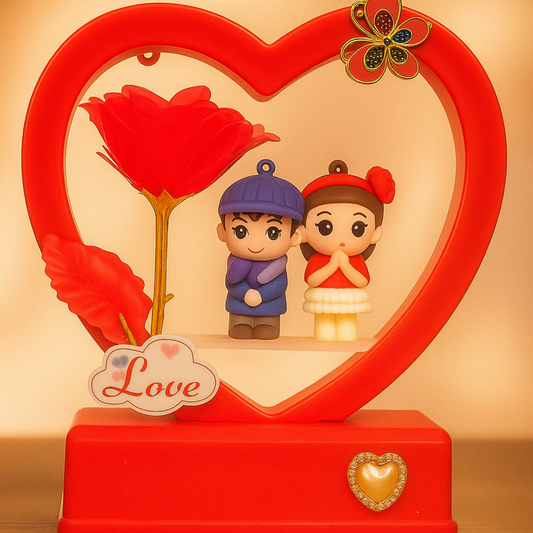 Romantic Heart-Shaped Red LED Couple Showpiece with Artificial Red Rose | Love-Themed Decorative Gift for Bedroom, Anniversary, Valentine, Wedding & Home Decor