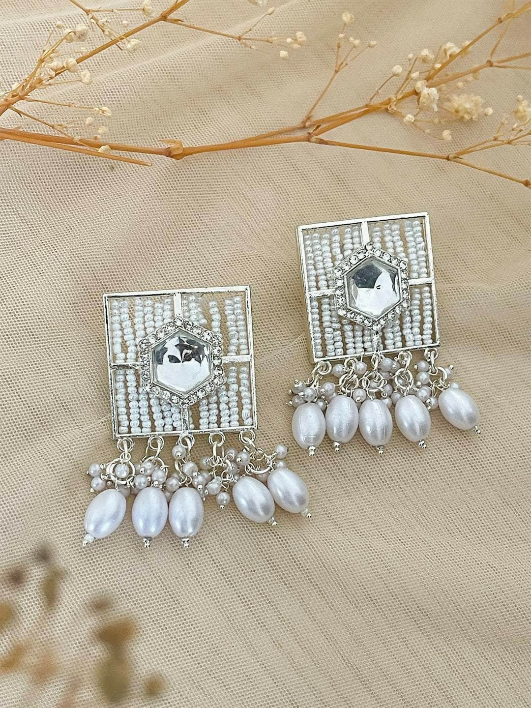 Traditional Silver-Toned Kundan & Pearl Encrusted Chandbali Jhumka Earrings
