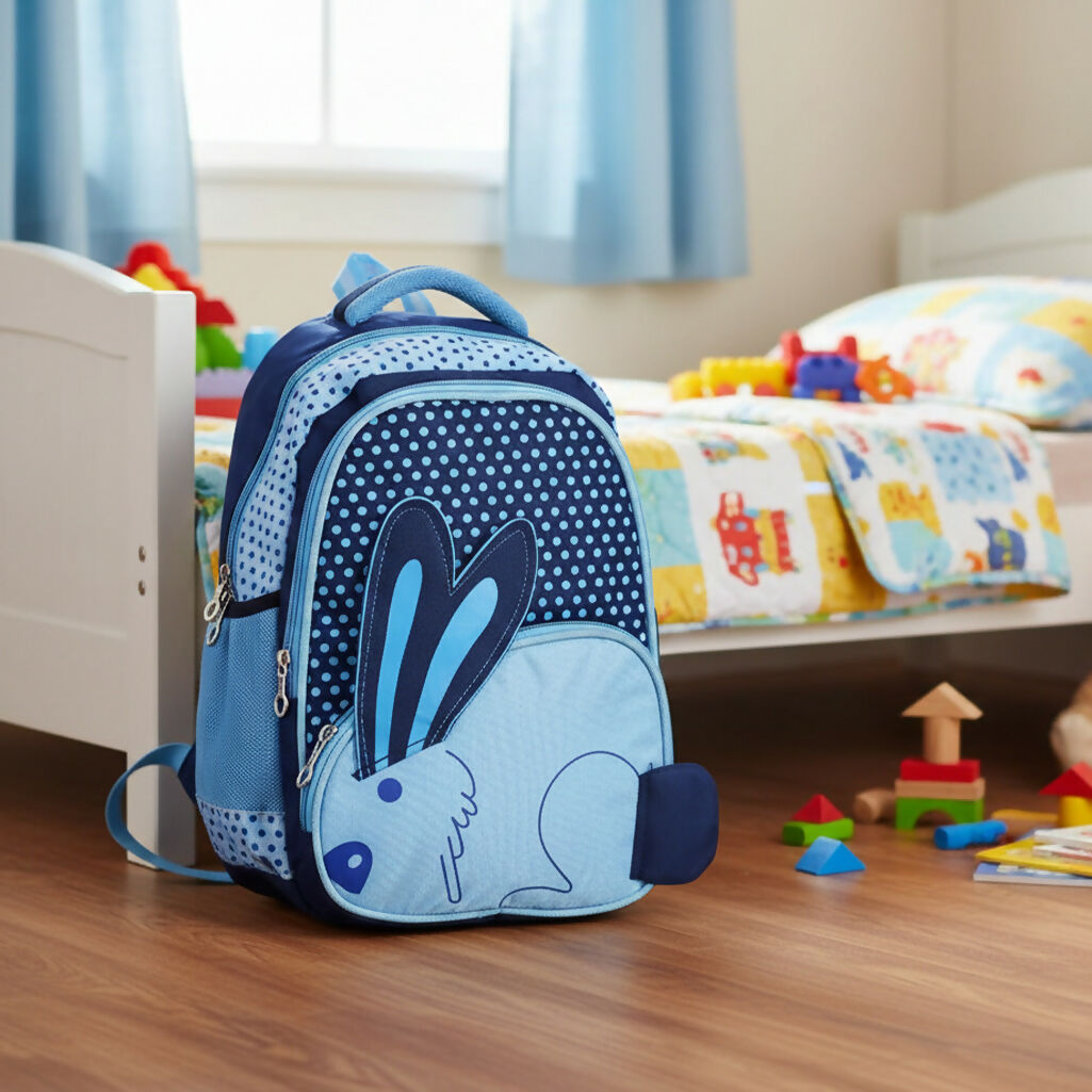 Front view of kids backpack for girls & boys featuring cute multicolor bunny design