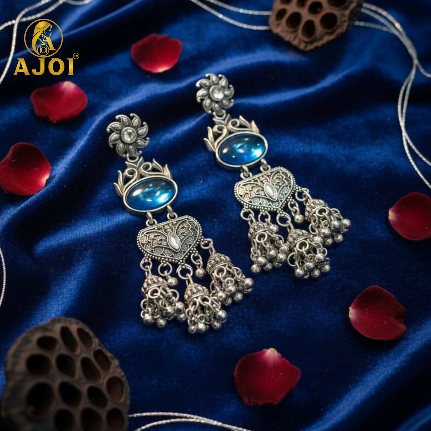 Handcrafted Oxidized Silver Turquoise Stone Jhumka Earrings with Intricate Filigree Work and Multi-Drop Danglers