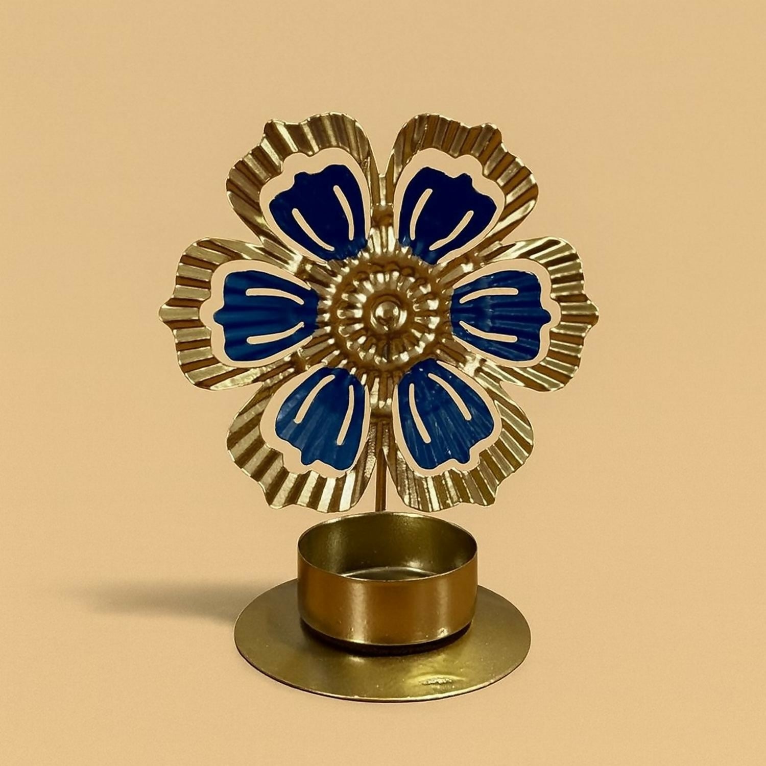 Luxury Golden Metal Flower Tealight Candle Holder with Blue Petal Design – Decorative Tabletop Flower Shape T-Light Stand for Home Décor, Living Room, Festive Decoration, Pooja & Gifting