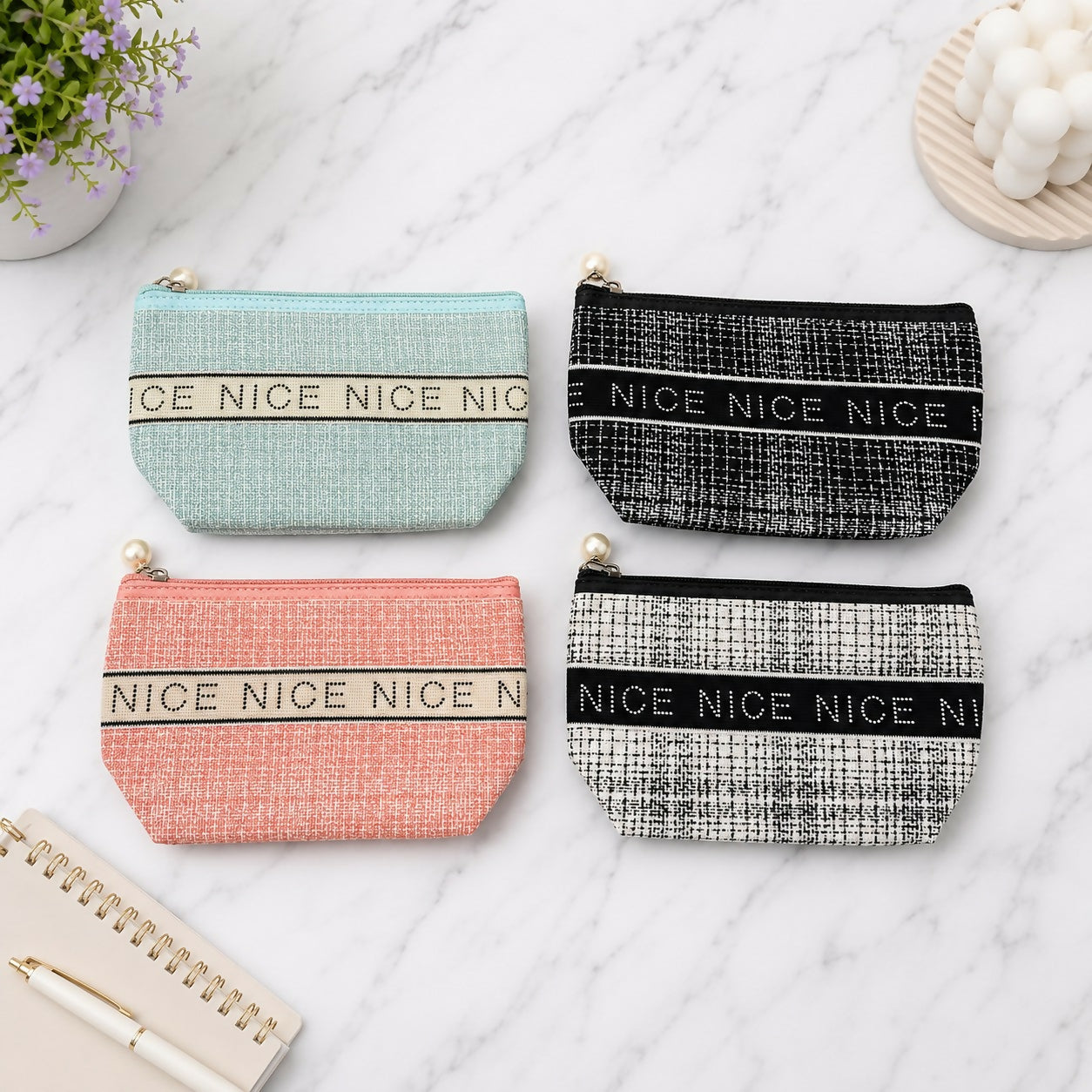 Portable cosmetic pouch in handbag for easy carrying