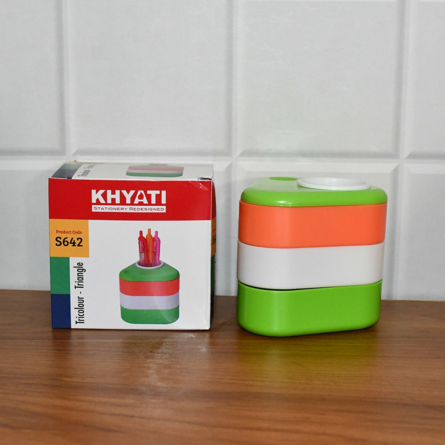 Khyati Tricolour Triangle Pen Stand – Multi-Layer Rotating Desk Organizer with Sliding Compartments
