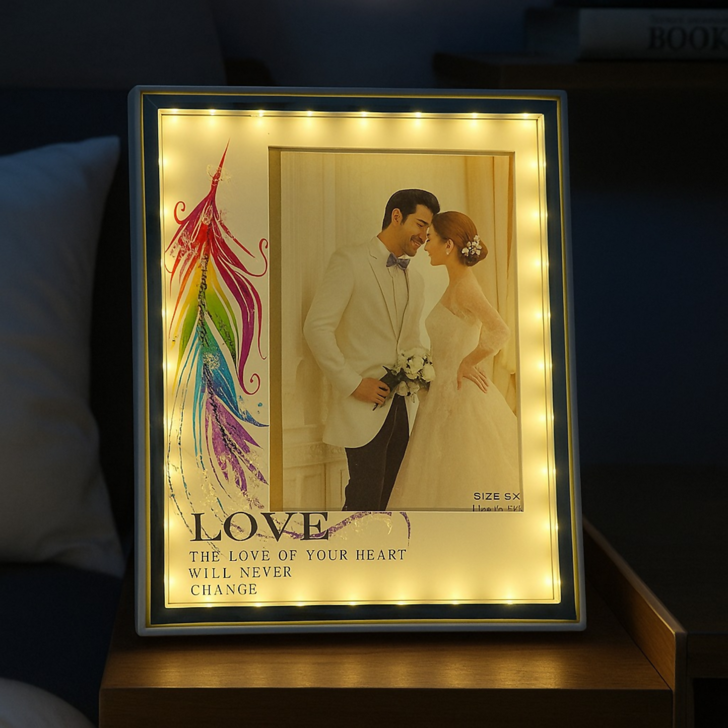 Romantic LED Love Photo Frame with Rainbow Feather Design | Warm Light Illuminated Couple Picture Frame for Anniversary, Wedding & Valentine Gifting | USB Powered Tabletop Decorative Photo Lamp for Bedroom & Home Decor