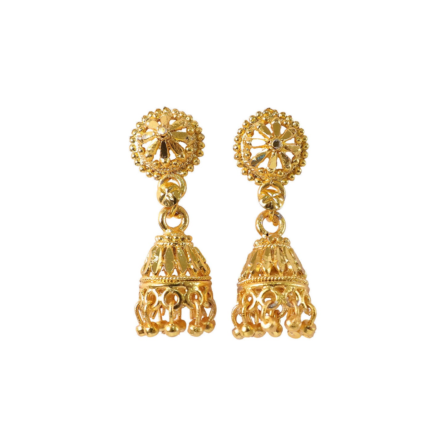 Dome-shaped gold plated jhumka earrings with floral stud detail
