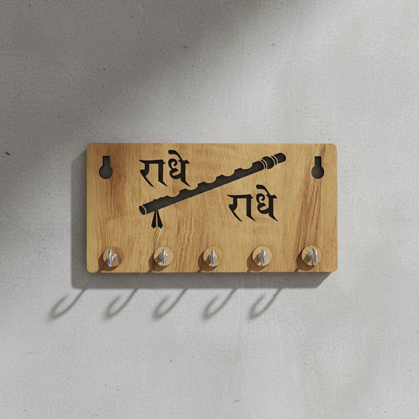 Radhe Radhe Wooden Key Holder for Wall – Krishna Devotional MDF Key Organizer with Flute Design