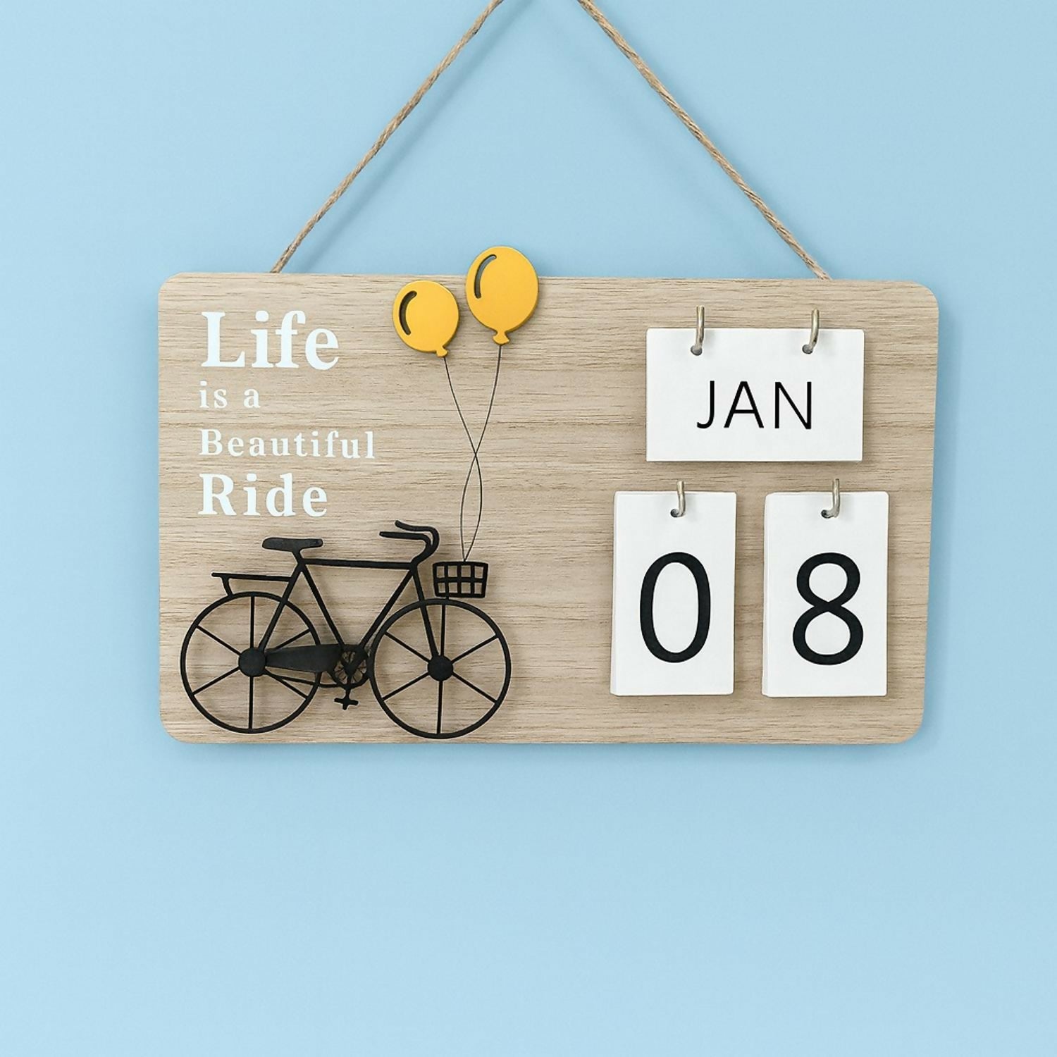 Rustic Wooden Wall Hanging Perpetual Calendar with “Life is a Beautiful Ride” Bicycle Design – Decorative Reusable Date and Month Flip Calendar for Home, Office & Café Wall Décor