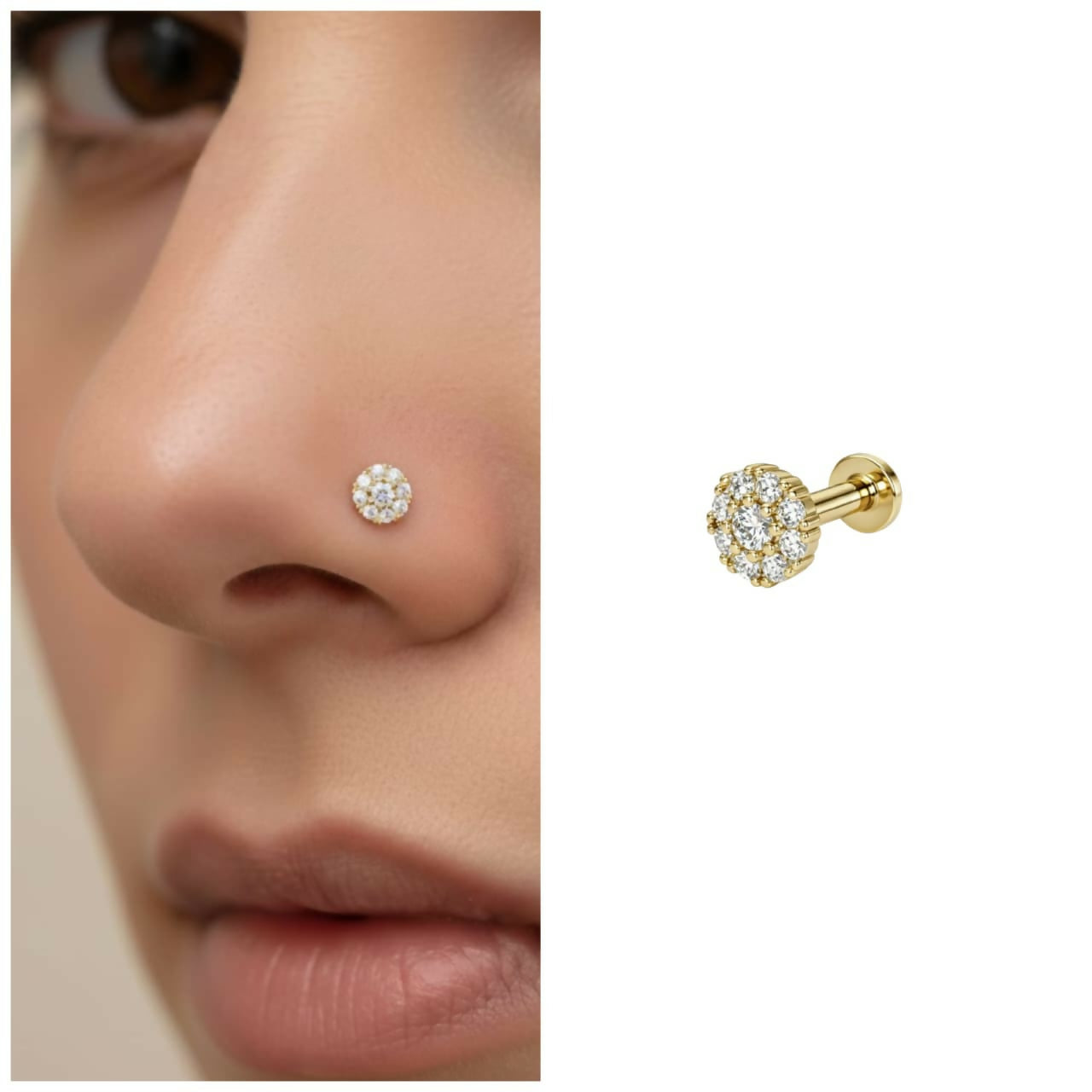 Close up of gold plated floral cluster diamond look nose pin with cubic zirconia