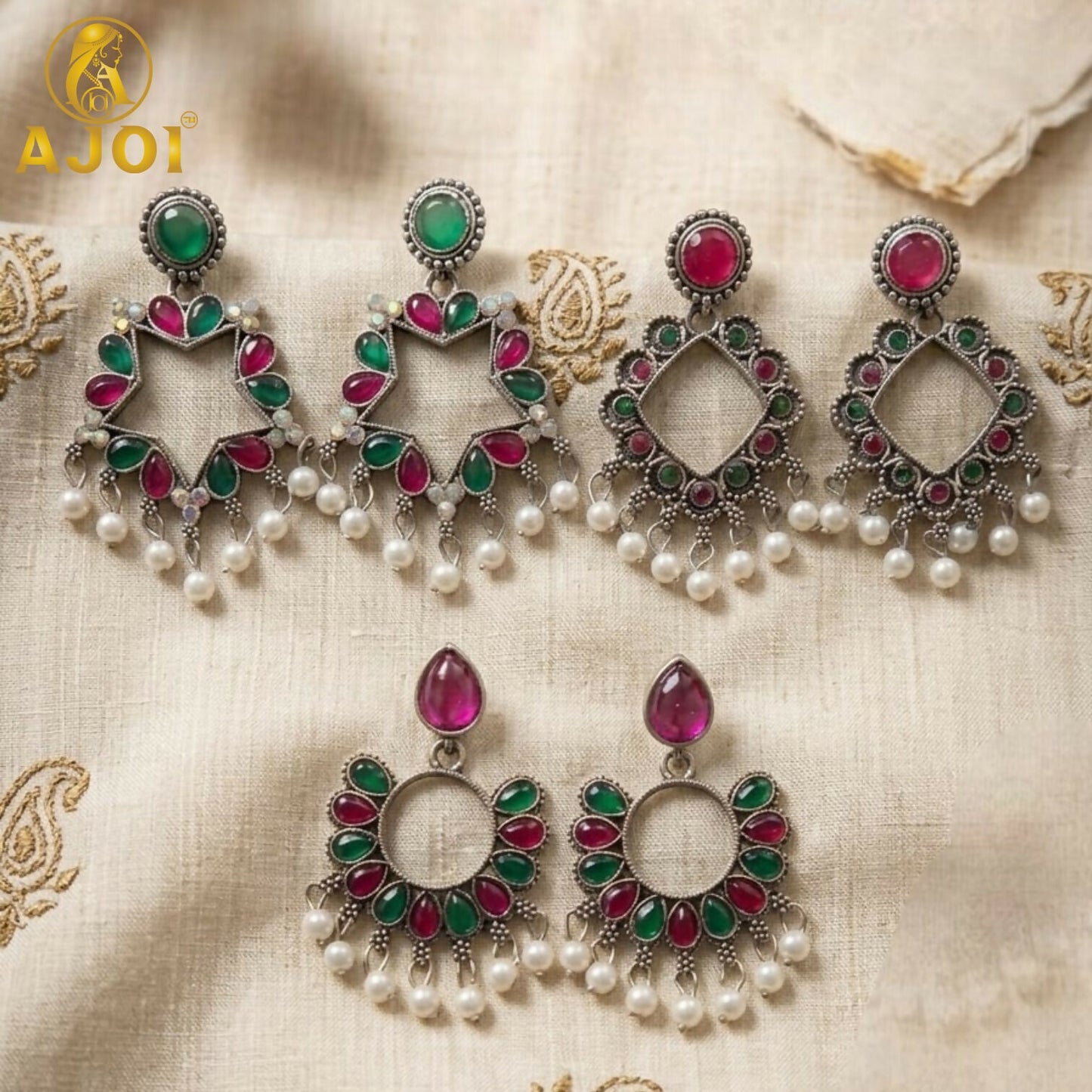 Set of 3 Traditional Kundan and Pearl Drop Earrings with antique silver finish