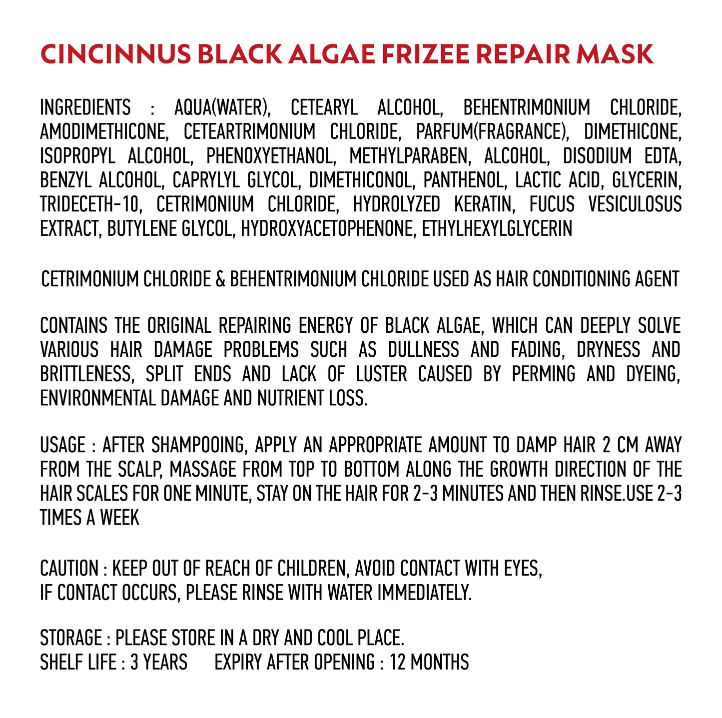 CINCINNUS Black Algae Extract Frizz Repair Hair mask