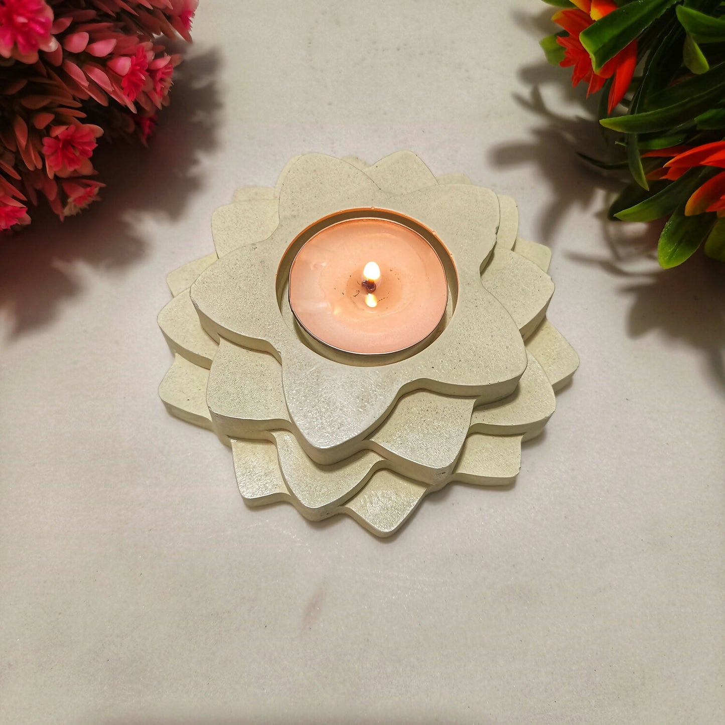 Handmade Flower 4-Step Diya – Ivory | Layered Tealight Holder for Diwali, Pooja & Home Décor | Unique Festival Gift Item