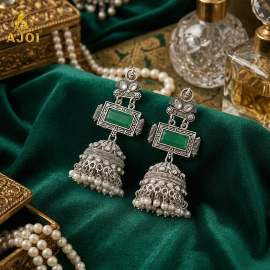 Imperial Heritage Oxidized Silver Jhumka Earrings with Deep Green Stone Earring