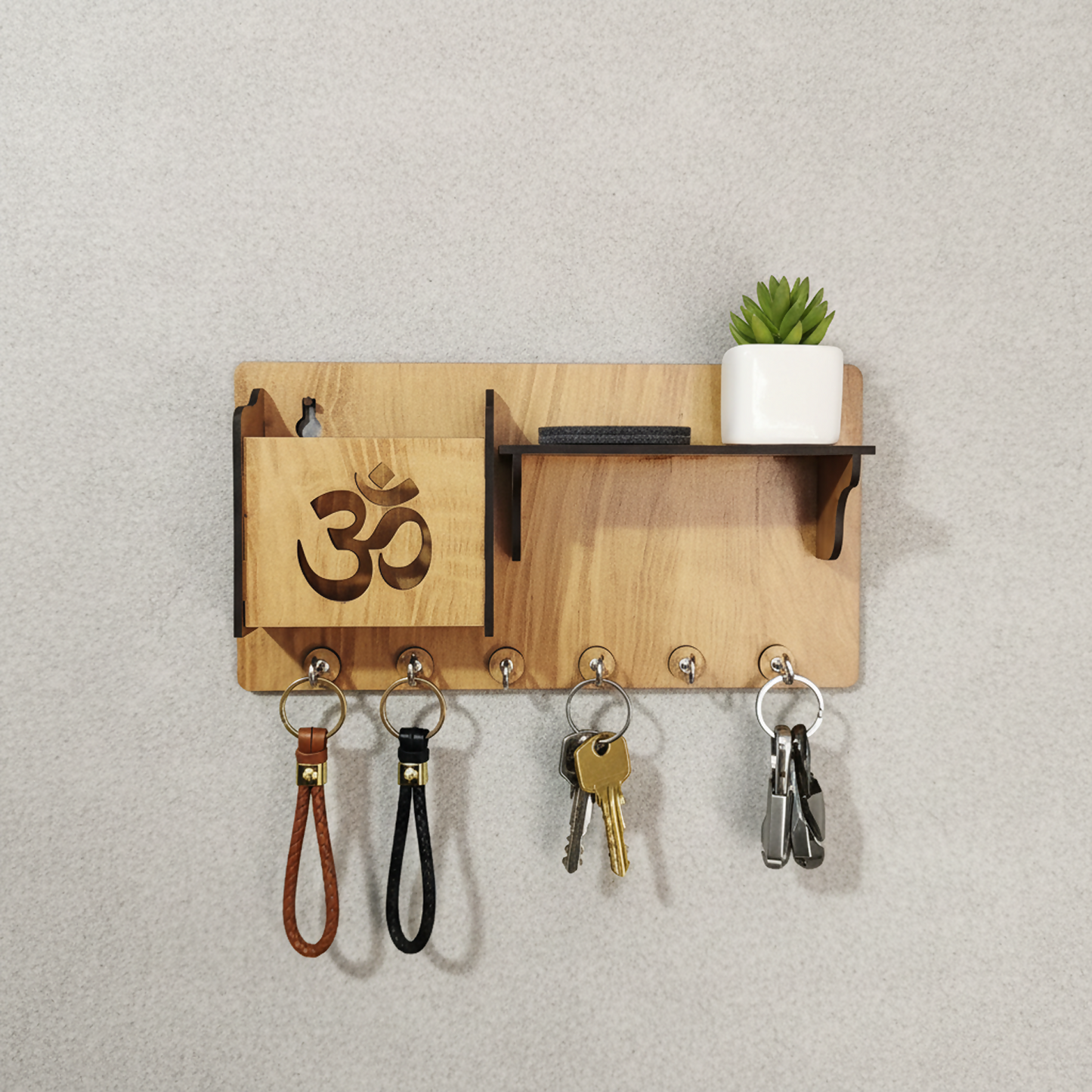 Wooden Om Key Holder with Shelf & Mobile Stand | Spiritual Home Décor