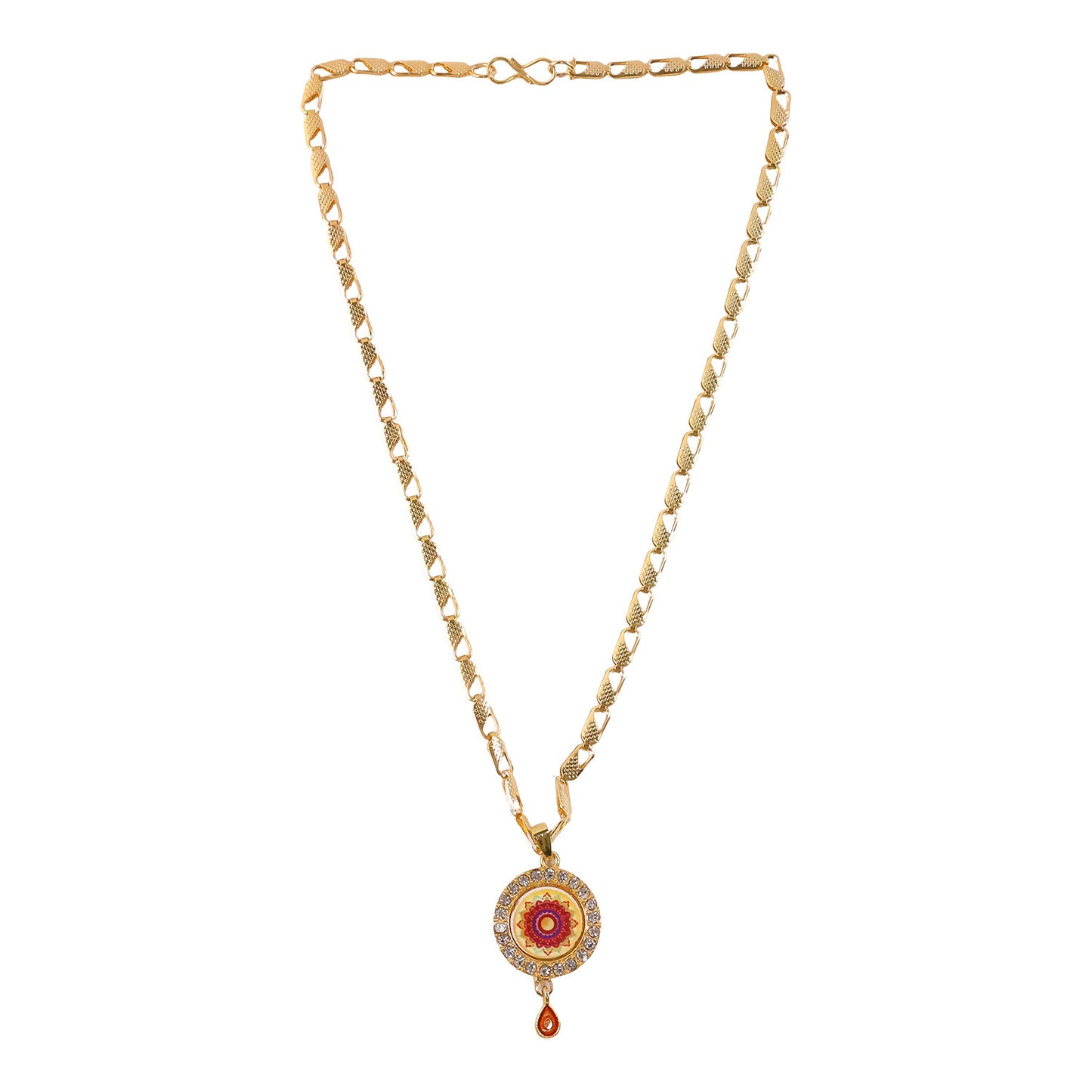 Gold Pendant Necklace with Mandala Design & Stone Detailing