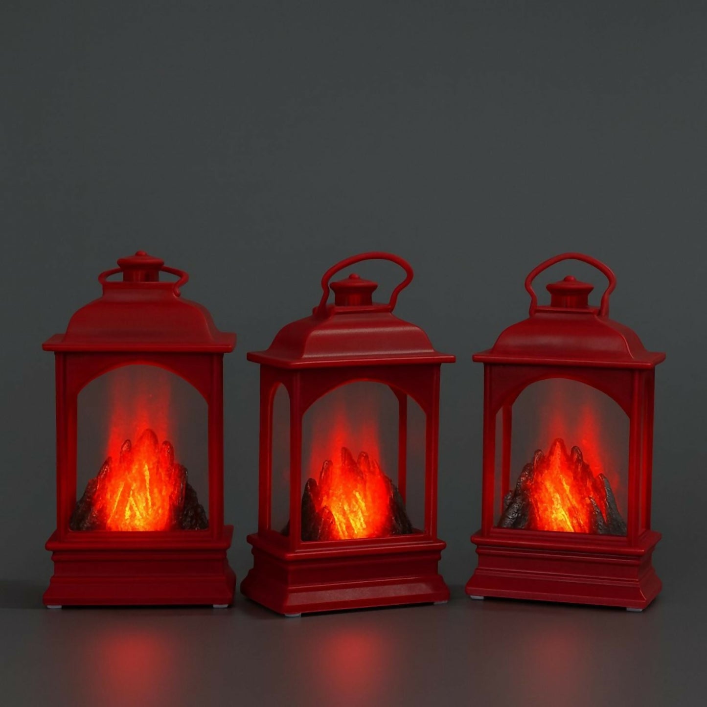 Set of 3 Decorative Red LED Lanterns with Realistic Fire Flame Effect | Vintage Hanging & Tabletop Lantern Lights | Battery Operated Smokeless Fireplace Glow for Home, Diwali, Christmas, Party & Festive Decoration