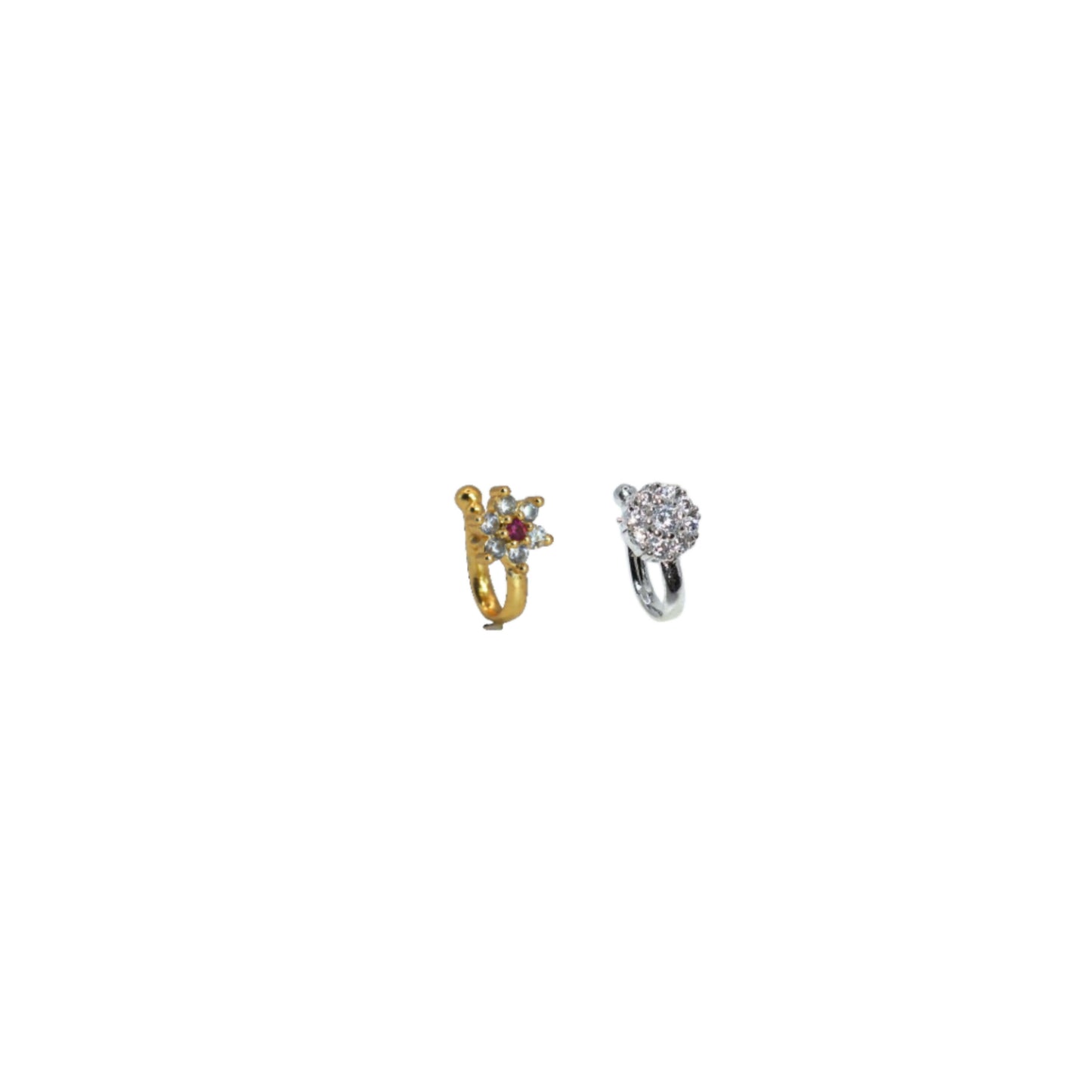 Close-up of diamond cluster non-piercing clip-on nose ring in gold tone