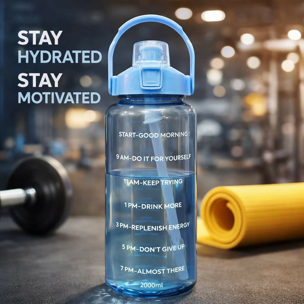 2-Litre Motivational Water Bottle with Time Marker & Straw | 2000ml Large Capacity BPA-Free Sports Bottle | Leak-Proof Gym Bottle for Fitness, Workout & Outdoor Activities