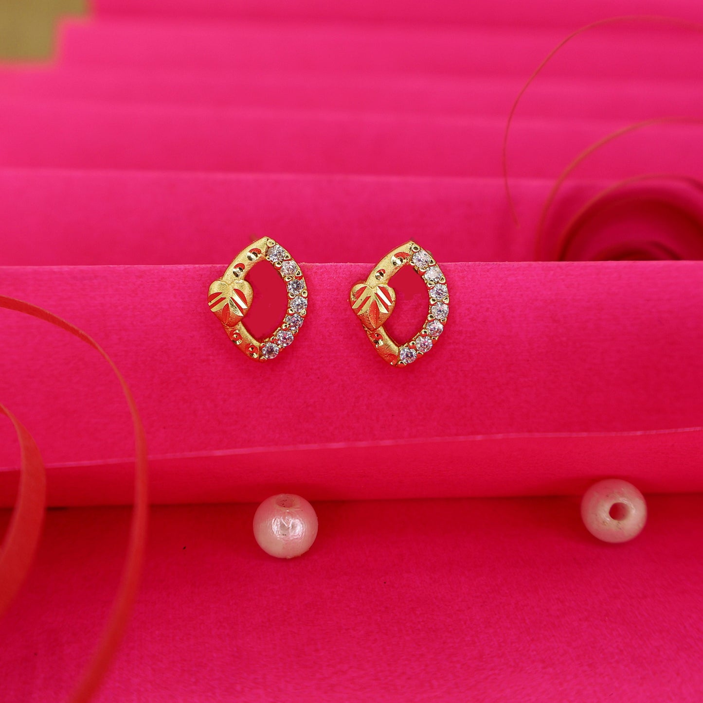 Gold-Plated AD Oval Stud Earrings | Daily Wear Leaf Design for women and girls