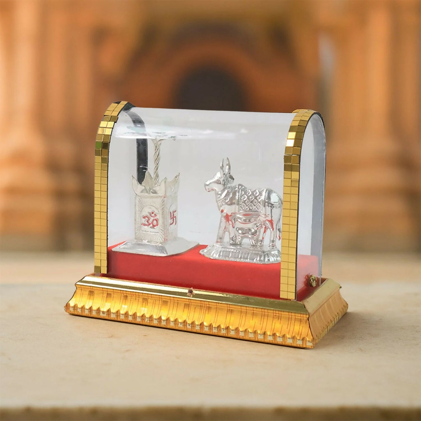 Silver Decorative Cow and Kalash Set in Premium Glass Dome for Pooja and Home Décor