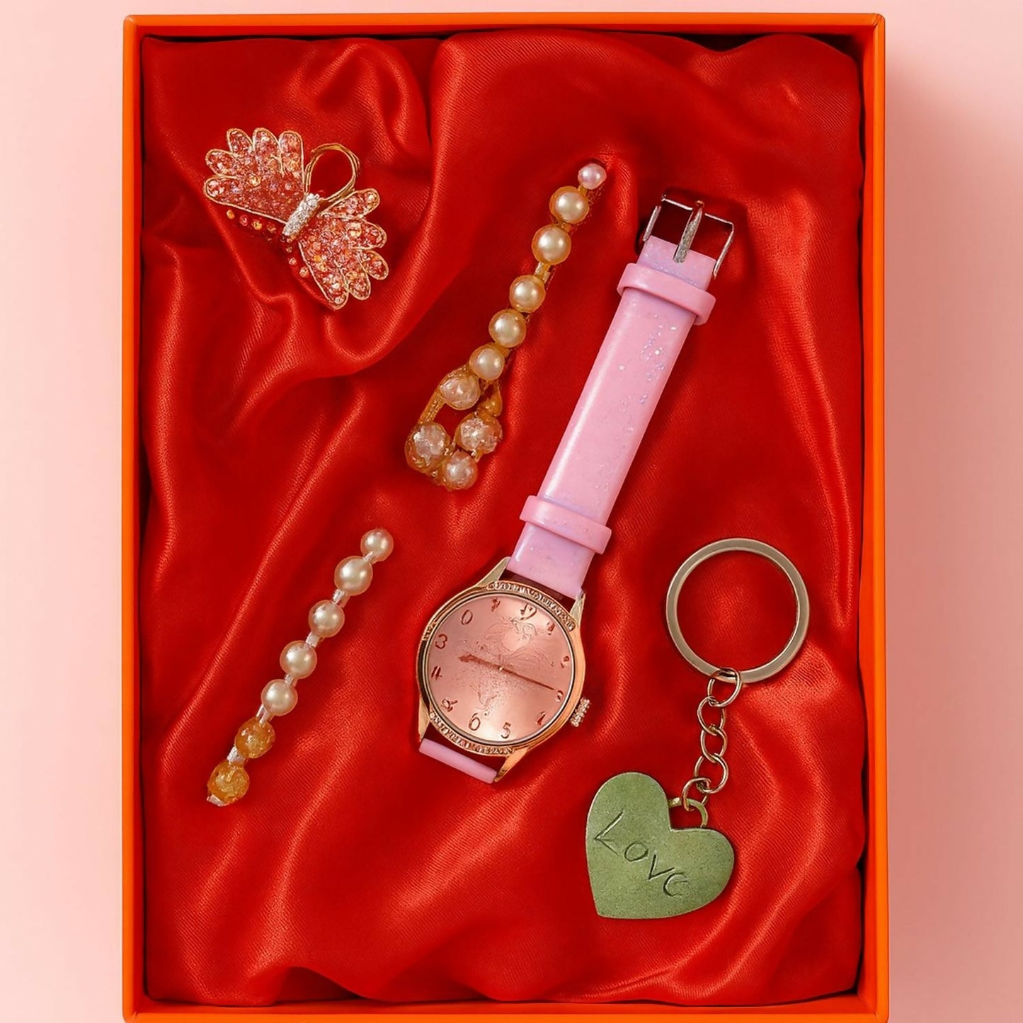 Women’s Luxury Analog Watch with Sparkling Dial, Bracelet & Keychain Combo | Elegant Square Dial Wrist Watch with Crystal Studs | Fashion Gift Set for Girls, Ladies & Women