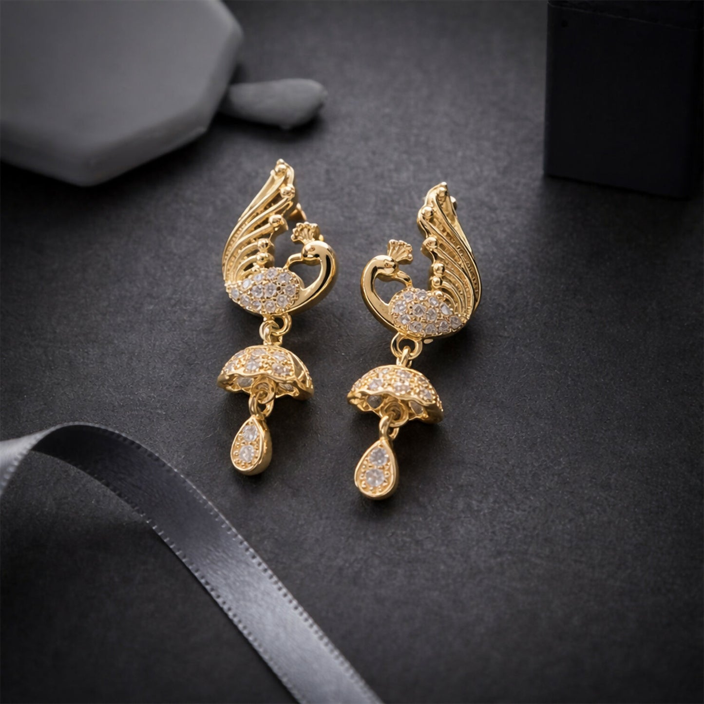 Gold-Tone Swan Design Crystal Studded Drop Earrings for Women