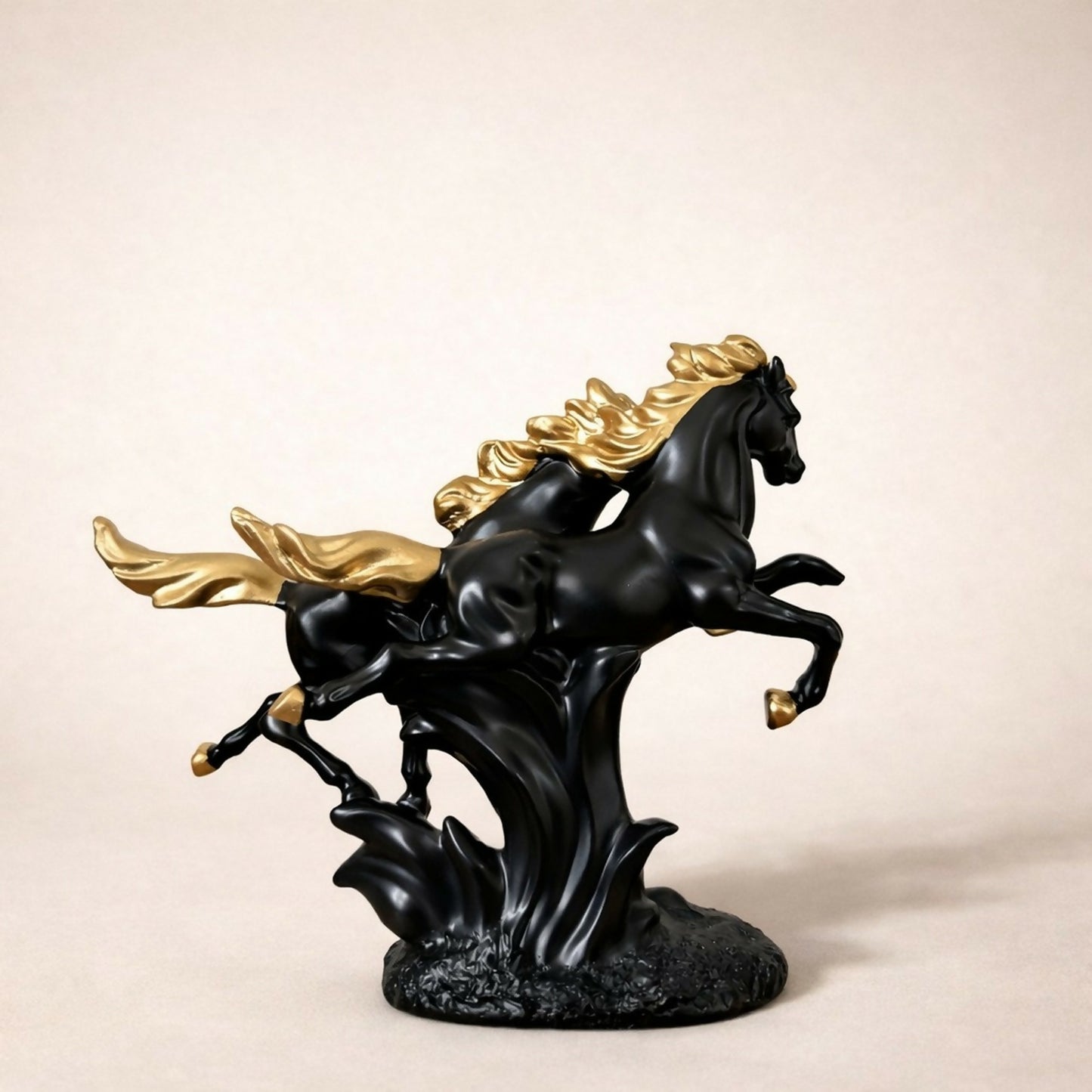 Double Black Horse Showpiece with Golden Mane for Home Decor | Lucky Horse Statue