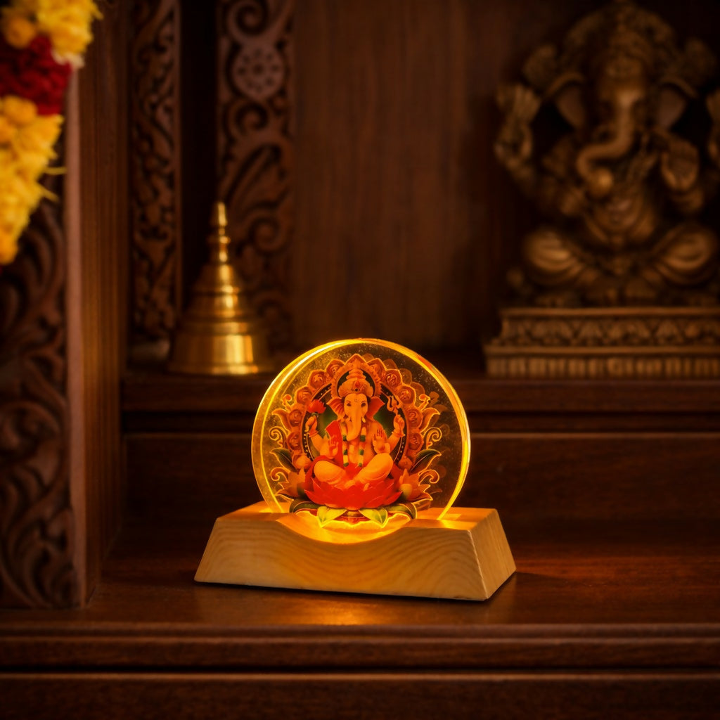 LED Lord Ganesha Acrylic Lamp with Wooden Base Spiritual Decor