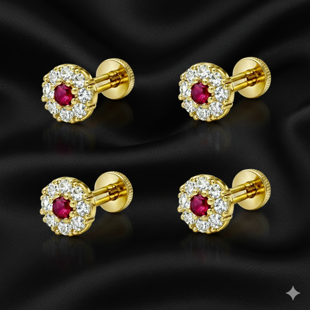 Gold plated Ruby & Diamond Floral Halo Nose Pin Labret Stud Combo Pack of 4