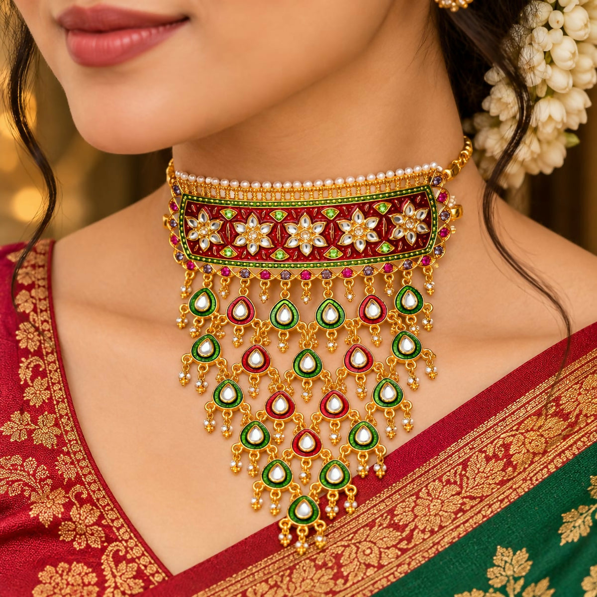 A woman wears a traditional gold-plated choker with red and green enamel, adorned with many teardrop dangles.