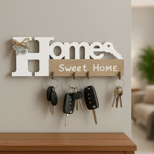 Home Sweet Home Wooden Key Holder for Wall | Decorative Wall Hanging Key Stand with Hooks | Modern Rustic Wooden Key Organizer for Keys, Car Keys & Accessories | Entryway Home Decor Gift