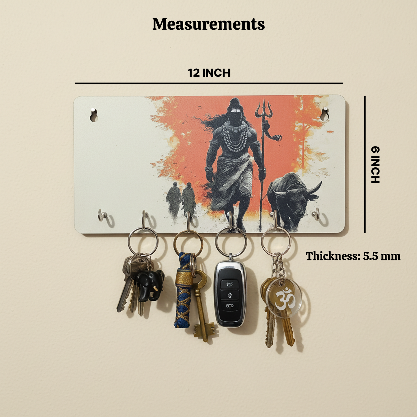 Spiritual decorative key holder with six strong metal hooks attached to wall