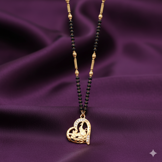 Heart-shaped peacock gold-plated mangalsutra pendant with black beads necklace