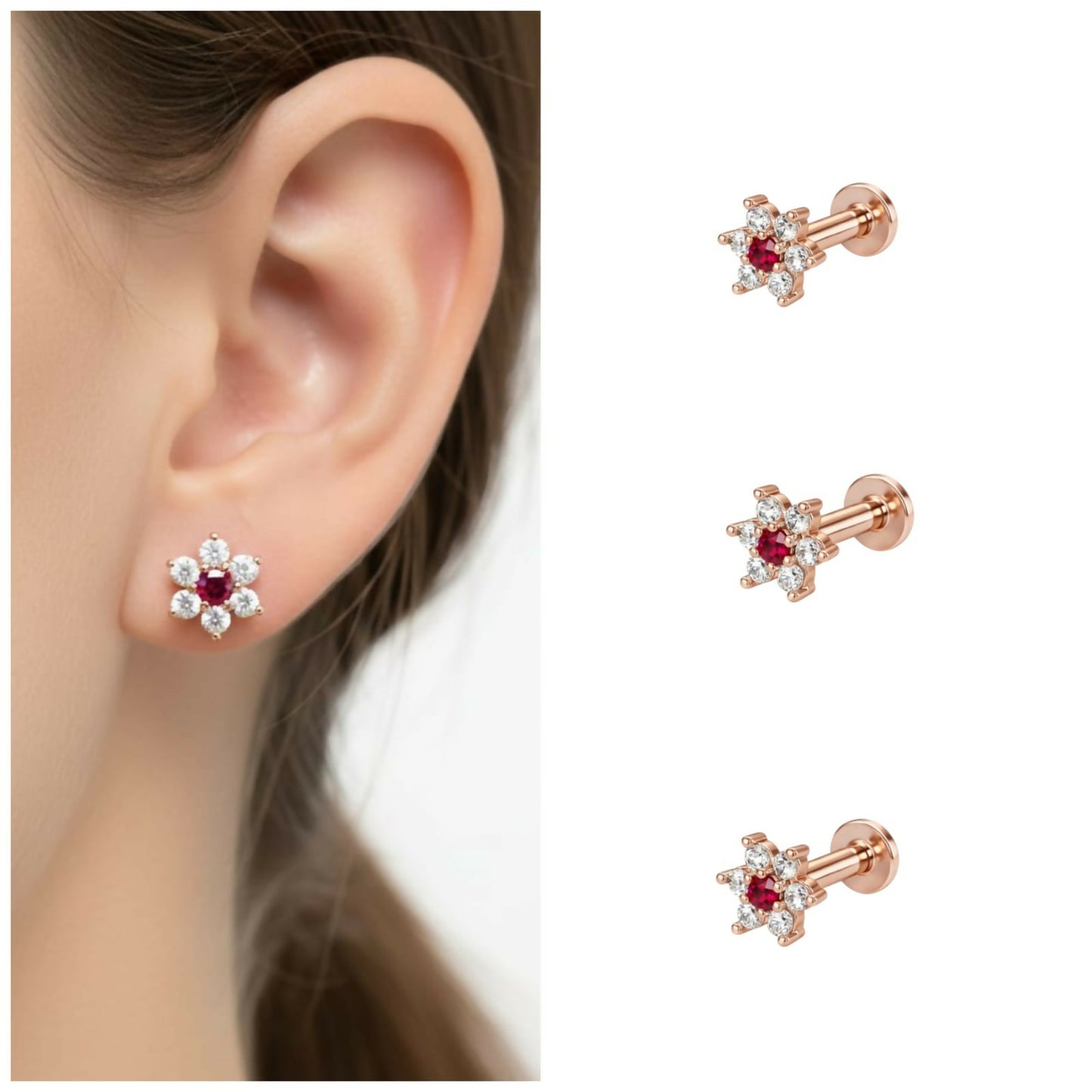 Close-up of rose gold flat back floral stud earrings with ruby and diamond accents
