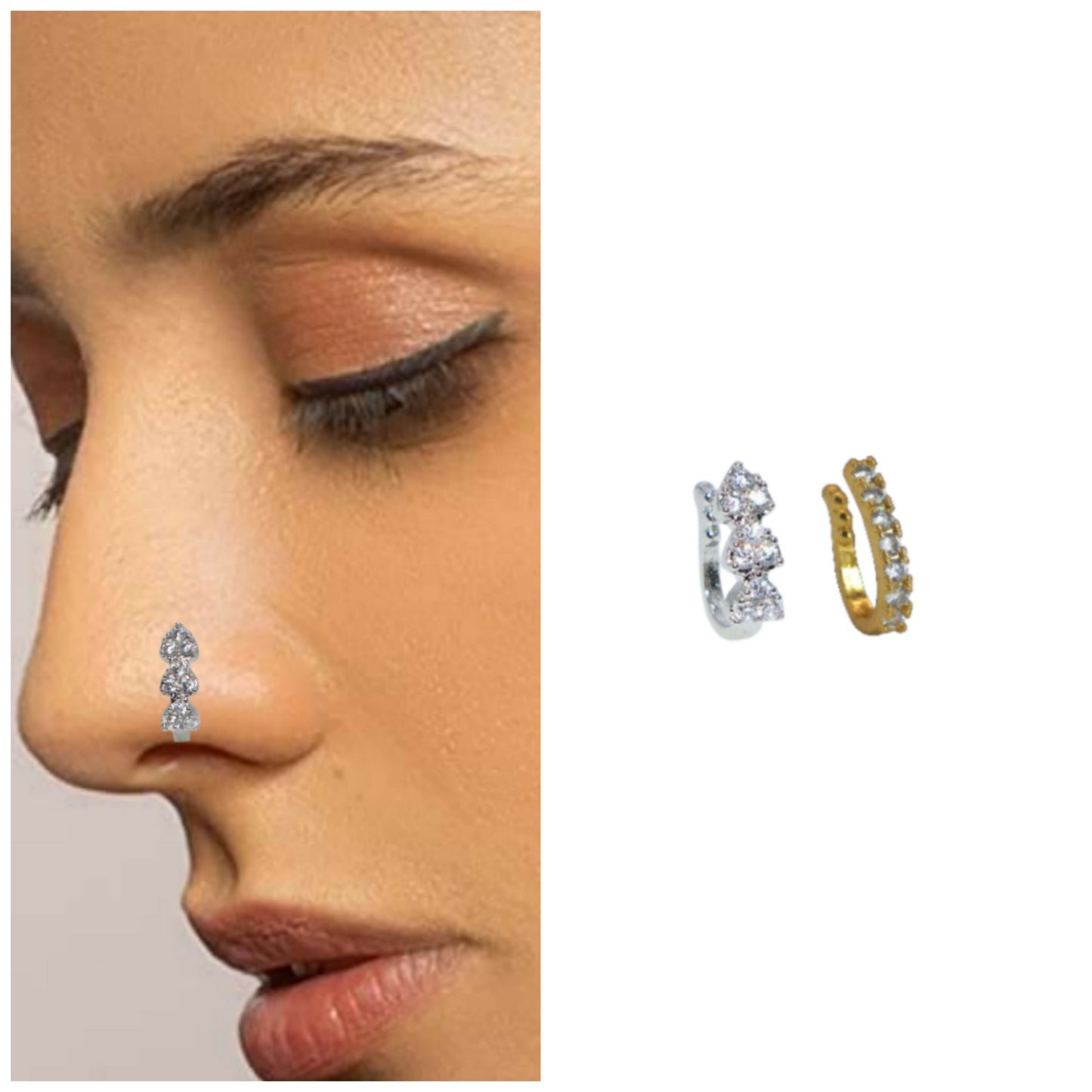 Triple Heart & Crystal Clip-On Nose Ring nosepin for women and girls