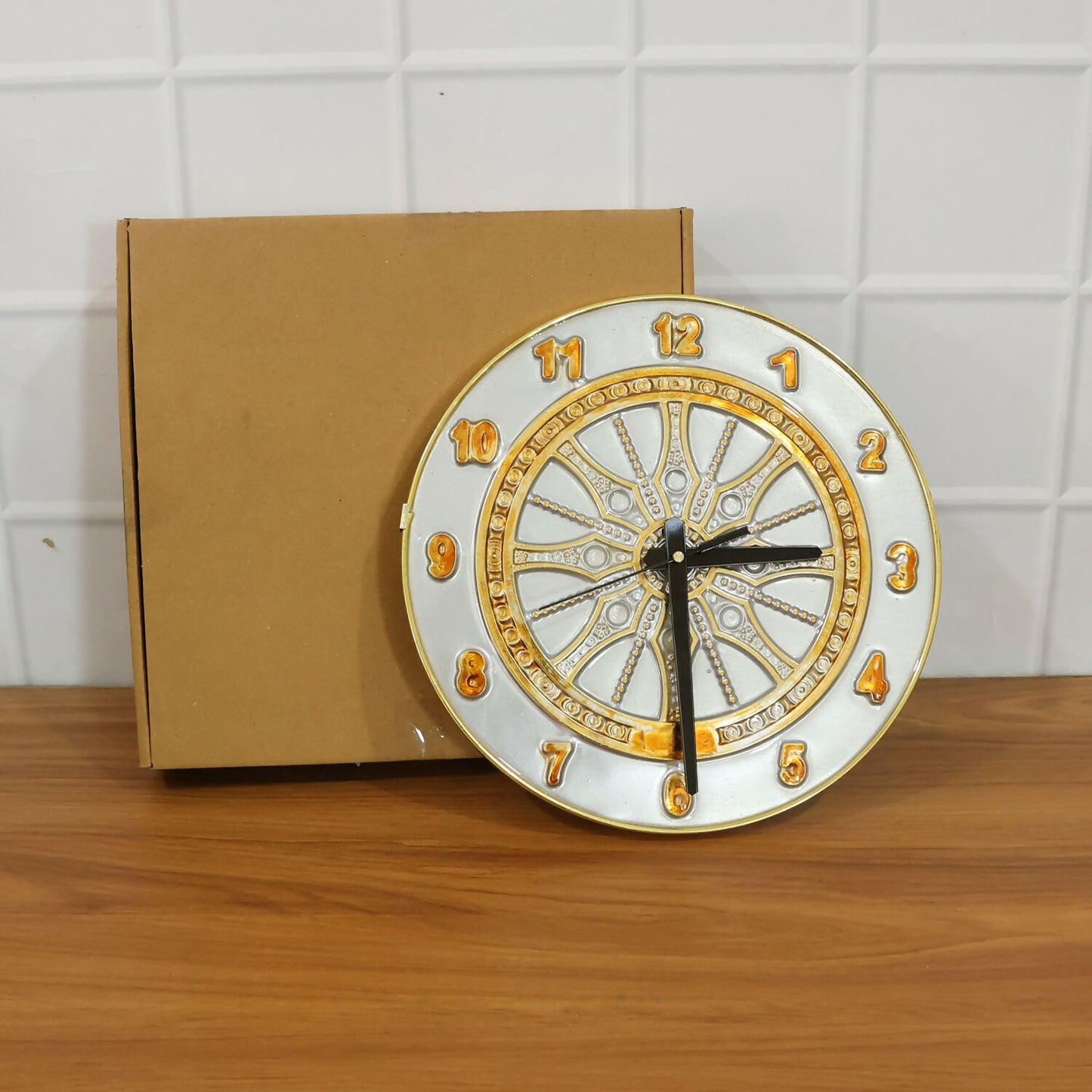 Grey Resin Art Wall Clock with TimeCycle & Mandala Gold Detailing (10x10)