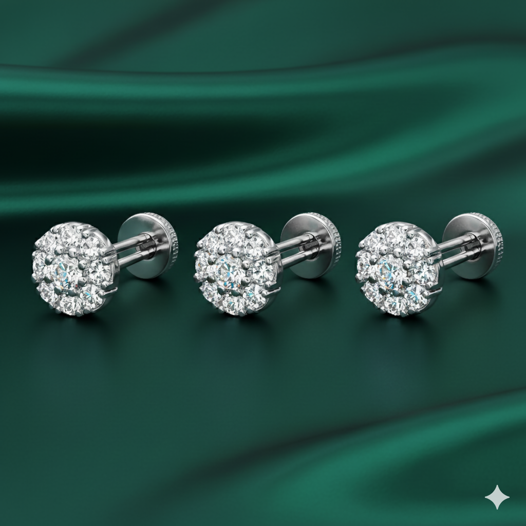 Close-up of silver plated nose pin with floral cluster design featuring sparkling crystals