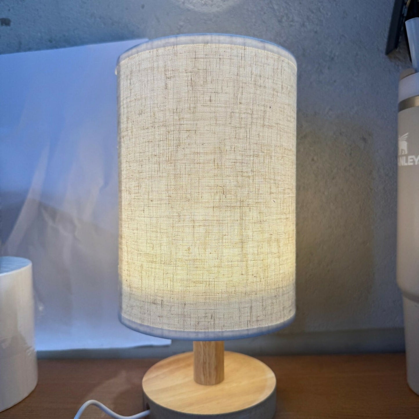 Modern Fabric Shade Table Lamp with Wooden Base for Bedroom & Living Room