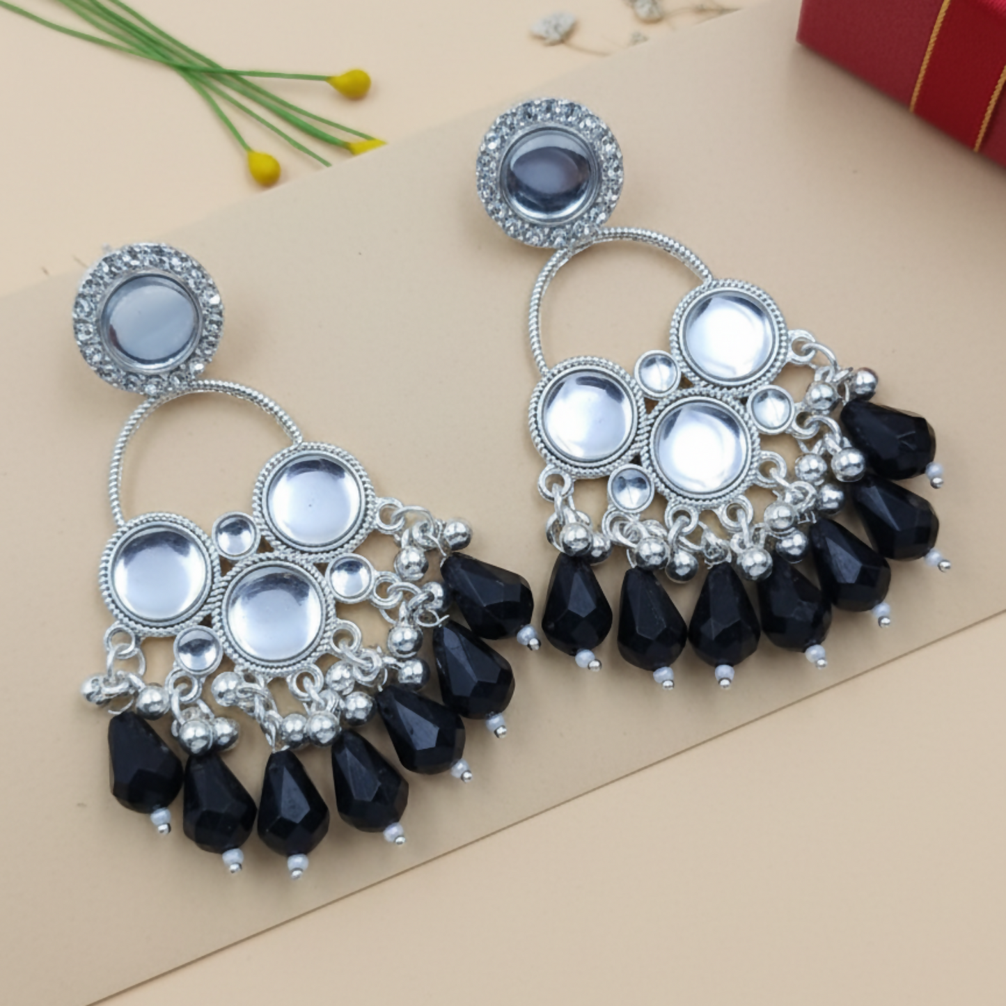 Kundan Black Pearl Silver Plated Chandbali Earrings Agate Alloy Chandbali Earring