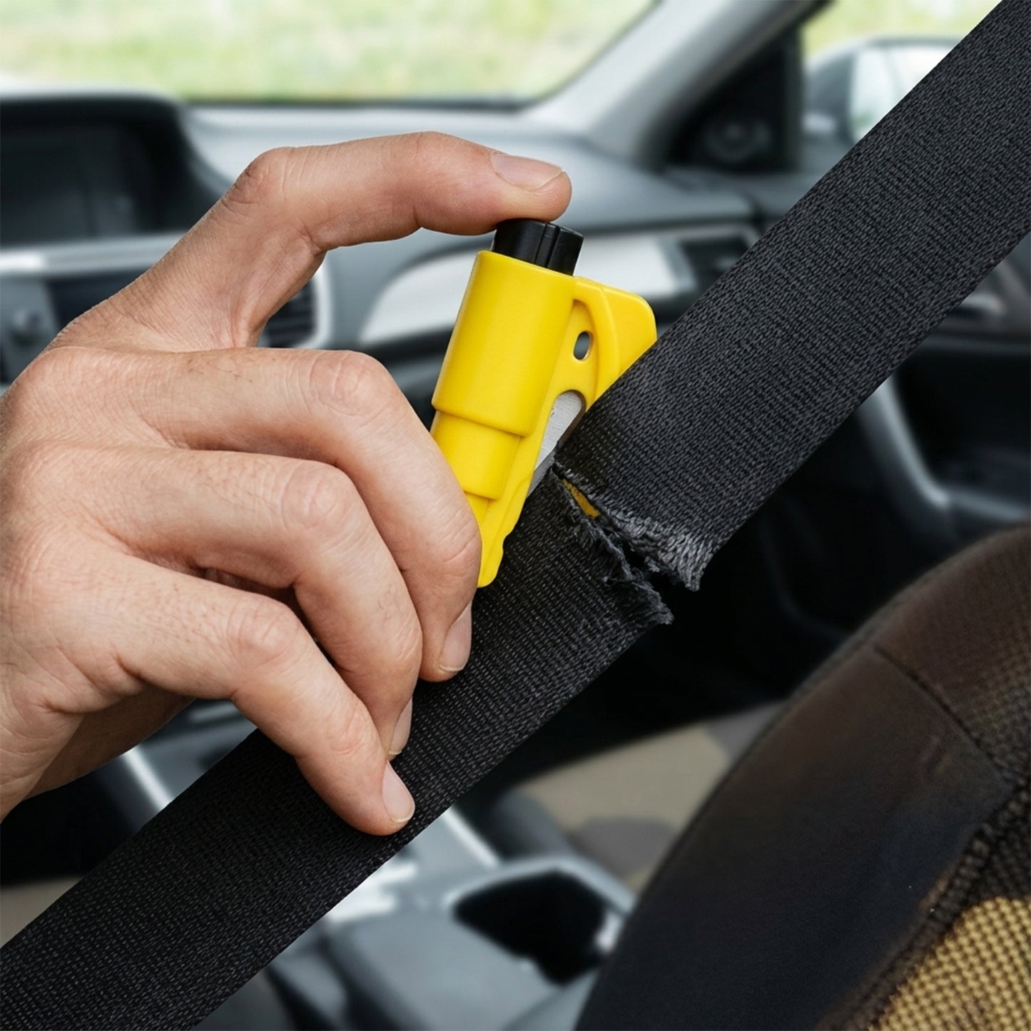 A hand uses a yellow car safety hammer to cut a black seat belt, which is partially frayed from the action, inside a car.