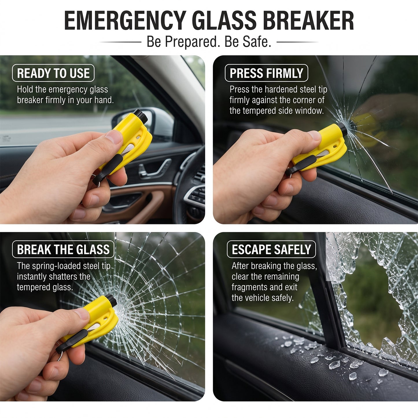 Four panels illustrate the use of the yellow emergency glass breaker, showing it held, pressed against glass, shattering