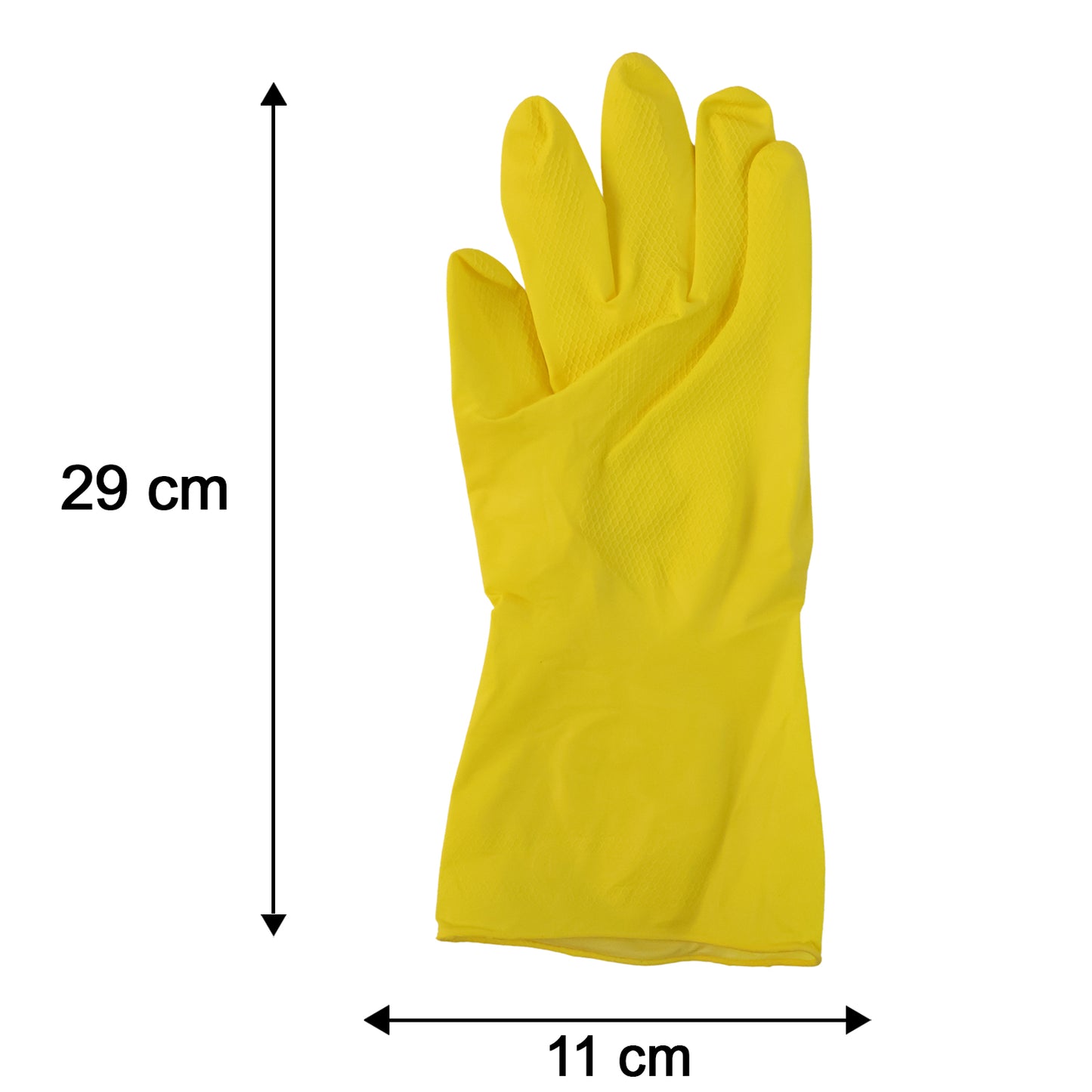Yellow gloves showing size dimensions
