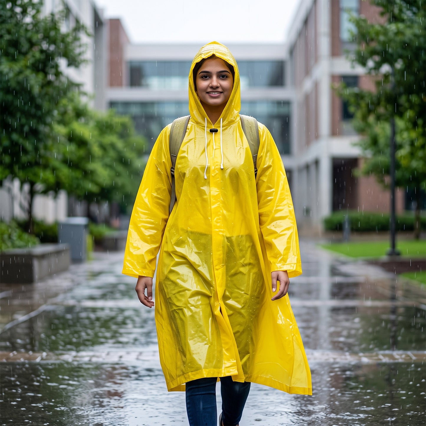 Reusable Waterproof Raincoat, Hooded Long Rain Poncho, Yellow (1 Pc)