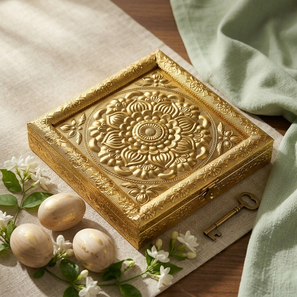 Golden floral mandala metal jewelry box open view showing interior