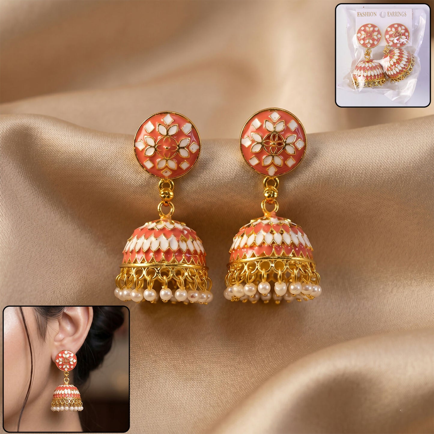 Designer peach round stud jhumka earrings with pearl drops front view