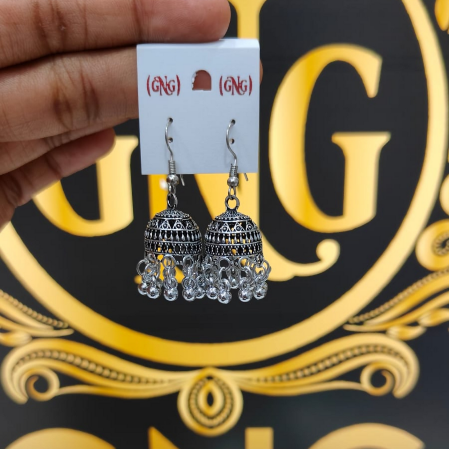 Traditional elegant silver oxidised hook jhumka earrings