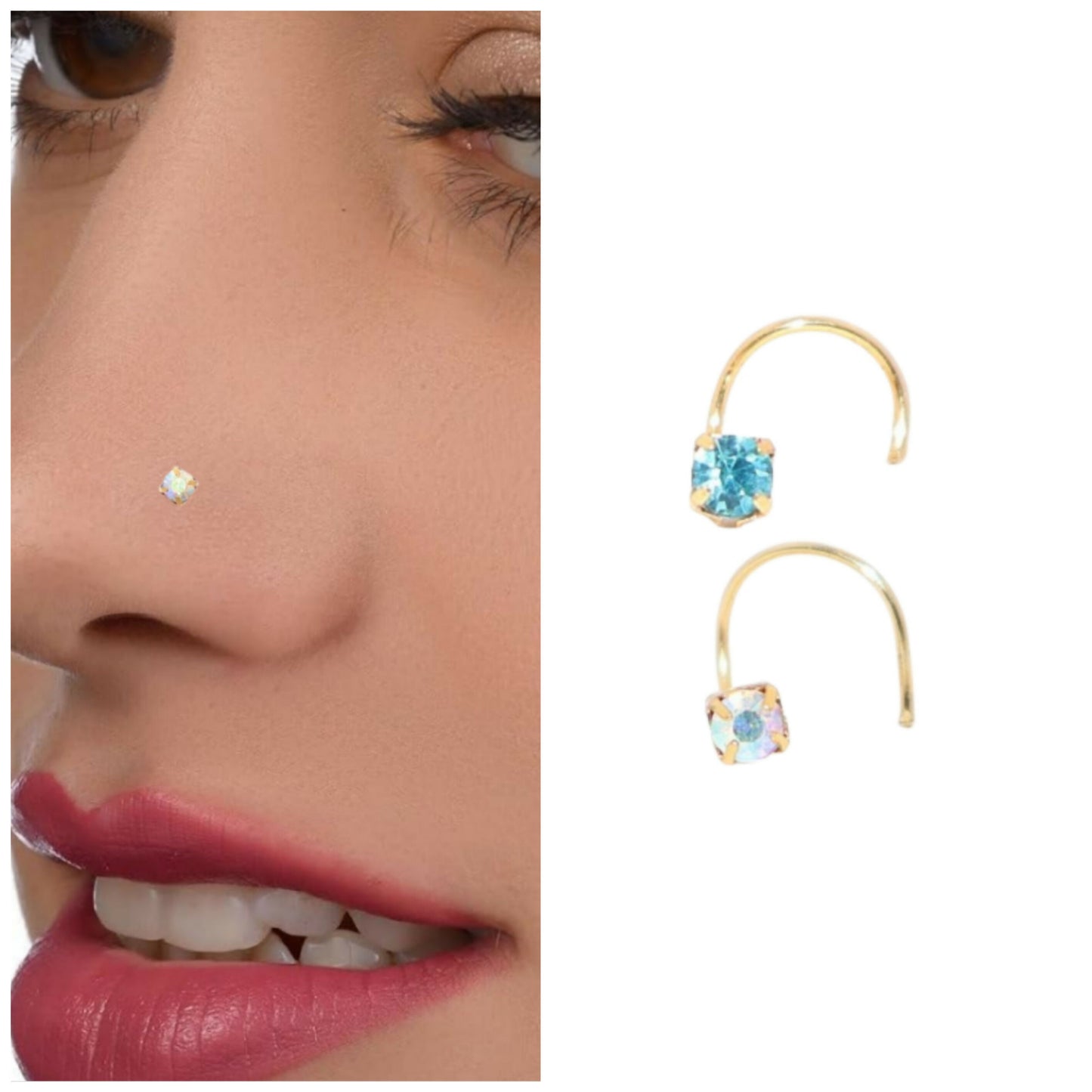 Close-up image of lavender and clear crystal nose pins with gold plating