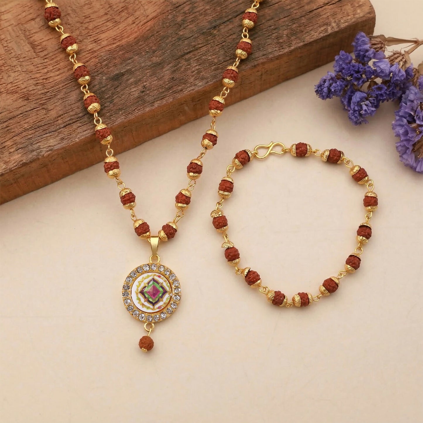 Rudraksha Gold Necklace & Bracelet Set with Designer Pendant