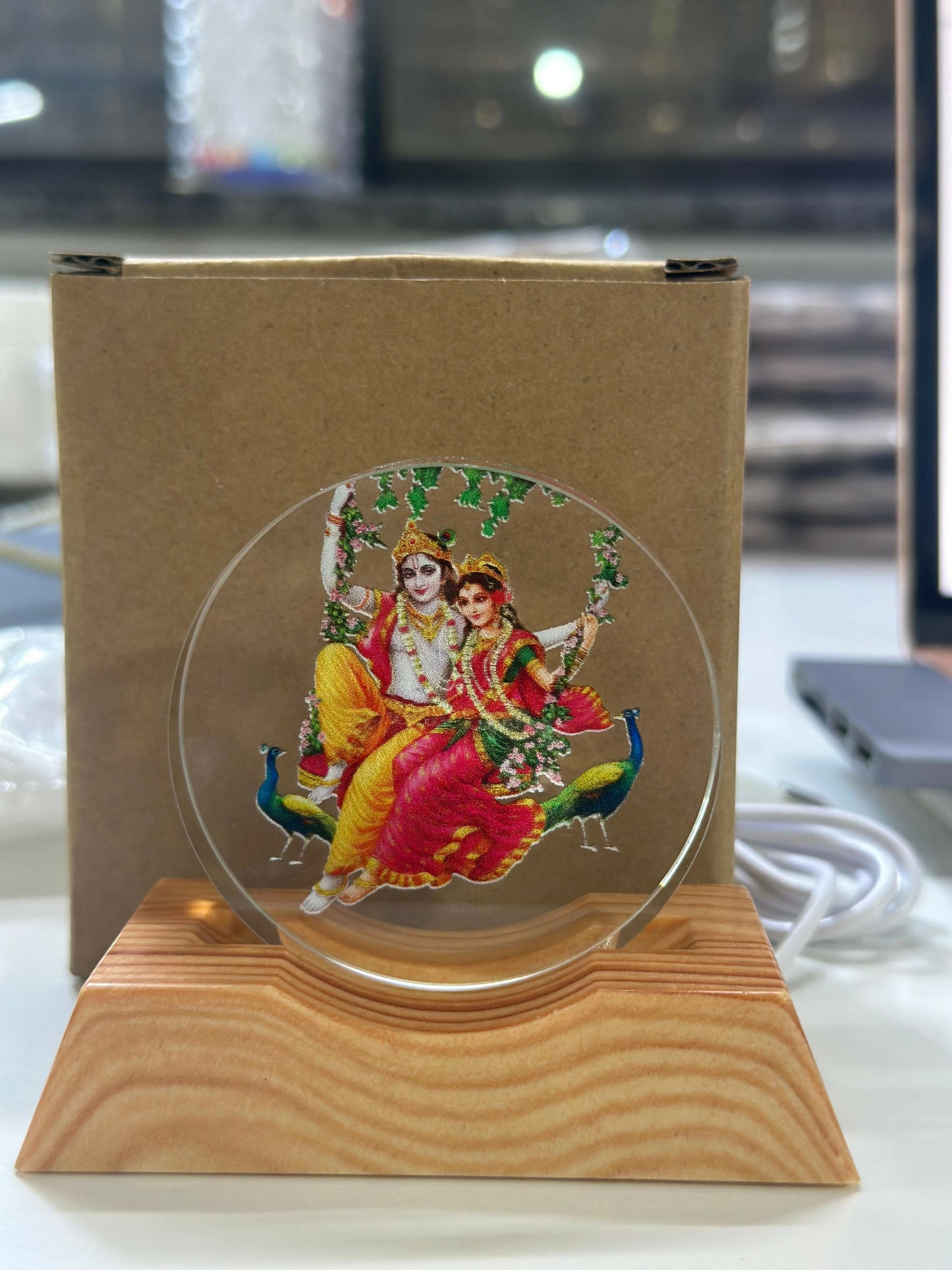 Radha Krishna Acrylic LED Lamp with Wooden Base | Decorative Night Light