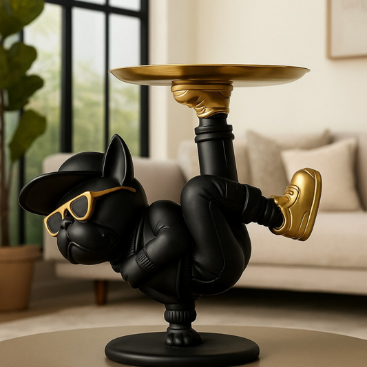 Luxury Black & Gold Bulldog Figurine with Upside-Down Tray – Modern Resin Dog Showpiece in Breakdance Pose – Funky Decorative Tray Stand for Keys, Coins & Snacks – Stylish Home & Office Décor Gift